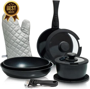 10PC Nonstick Stackable Cookware Set – Removable Handle, Induction, Black - Picture 1 of 10