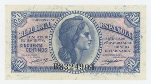 Spain España 50 Centimos 1937 Pick 93 UNC Uncirculated Banknote Liberty Ser B - Picture 1 of 2