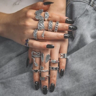 Juego de 16 piezas retro anillo abierto de dedo plateado bohemio animal serpiente alas mariposa 2086 Foto 1 de 3