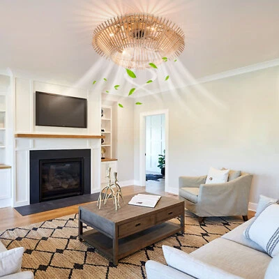 18" Bamboo Caged Ceiling Fan Light Low Profile 6 Speeds Chandelier with Remote - Image 1 of 4