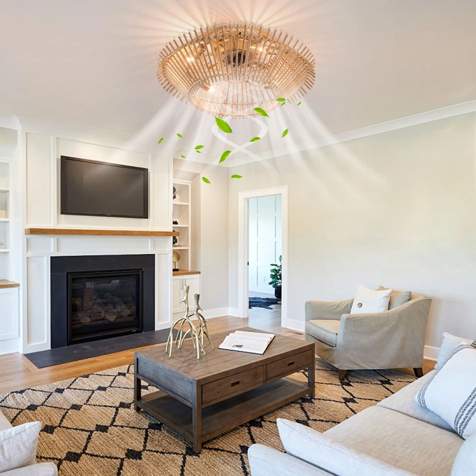 18" Bamboo Caged Ceiling Fan Light Low Profile 6 Speeds Chandelier with Remote - Image 1 of 4