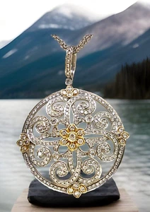 Diamond Large Circle Pendant on Triple Chain Necklace in 18k Solid Gold 2.22 Tcw - Picture 1 of 12