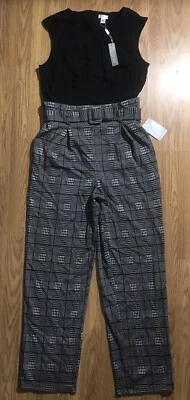 NOVO Macacão Spense Nordstrom 1 Peça Preto Cinza Xadrez com Cinto Tamanho 10 Novo com etiquetas - Imagem 1 de 4