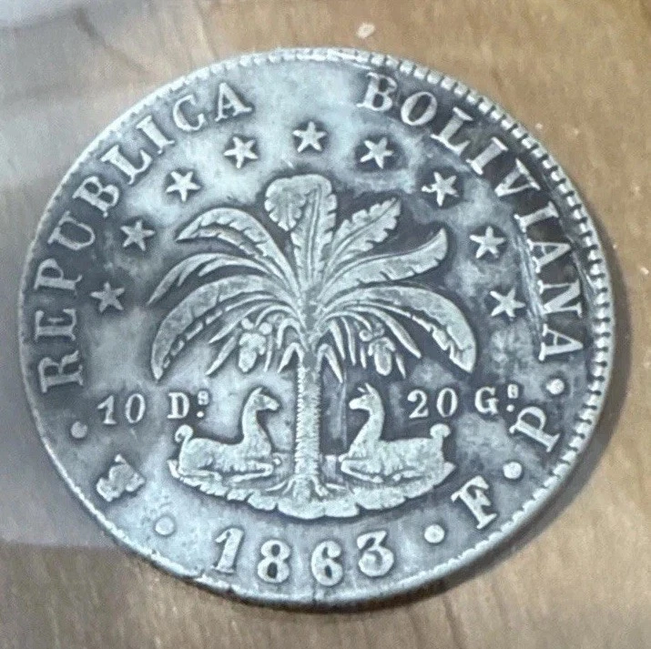 Rare Boliva 1863 Potosi 8 Soles - Silver Coin w/ Simon Bolivar & Lettered Edge! - Image 1 of 4