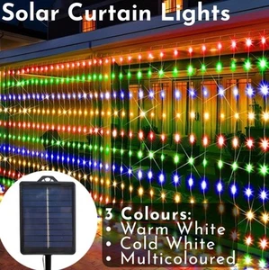 Outdoor Solar Curtain Fairy String Lights Hanging Gazebo Patio Window Garden - Picture 1 of 12