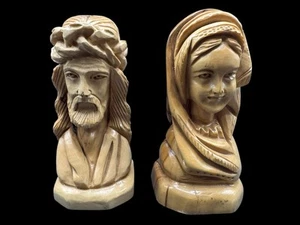 Jesus Mary Olive Wood Head Bust Carvings 5" Holy Land Figurine Wooden - Picture 1 of 9