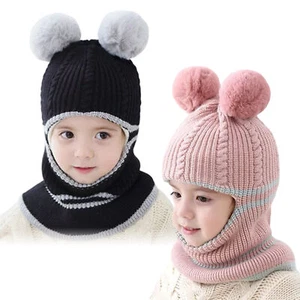 Winter Kids Cute Baby Toddler Beanie Hat Hooded Scarf Earflap Knitted Hat Warm - Picture 1 of 14
