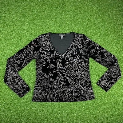 Blusa De Colección Willi Smith Negra Paisley Estrás Terciopelo Manga Larga Talla S Foto 1 de 4