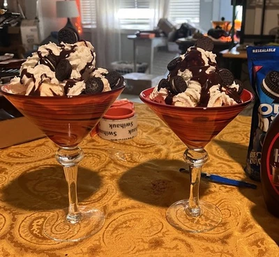 Juego X4 de vidrio artístico soplado a mano vintage naranja y marrón remolino otoño Martini Glass Foto 1 de 4