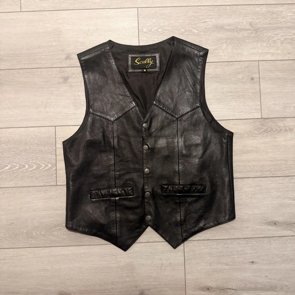 Chaleco de vestir vintage Scully 100 % negro de cuero suave para hombre mediano Vaquero Western Biker Foto 1 de 4