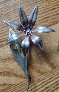 Sterling Lilly Flower Brooch with Blue Rhinestones 4" - Picture 1 of 2