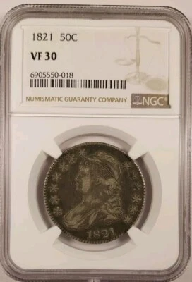 Original 1821 50C Capped Bust Silver Half Dollar NGC VF30 Very Fine  - Image 1 of 4