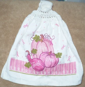 1 Crochet Top Hanging Kitchen Towel Breast Cancer Awareness BCA pumpkins, Full w - Picture 1 of 1