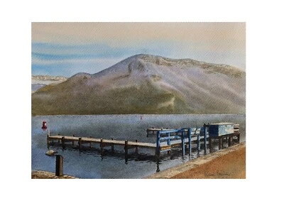 TABLEAU  AQUARELLE Peinture originale - Lac d'Annecy - Mont Veyrier Haute-Savoie - Photo 1/4