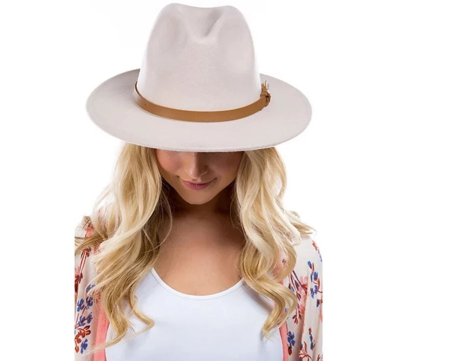 MARCUS ADLER wool felt and leather adjustable women's fedora hat -BONE