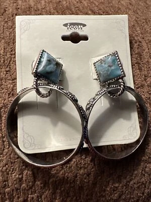 “Icon Collection Silver decorated hoops with turquoise stone - Image 1 of 4