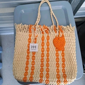 NEU Haute Hippie hellbraun orange Streifen Raffia Stroh Beuteltasche Strandtasche Herz Schlüsselanhänger - Bild 1 von 7