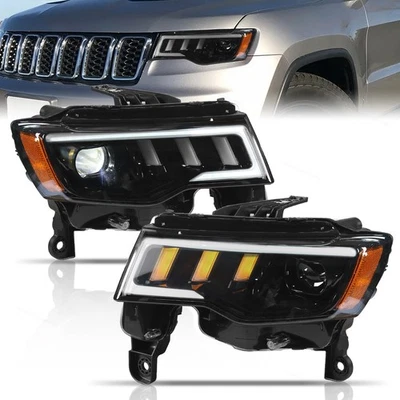 Fit For 2017-2021 Jeep Grand Cherokee Black Headlight Halogen Upgrade LED LH+RH - Image 1 of 4