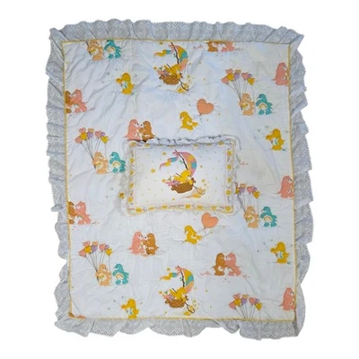 Juego de manta y funda de almohada para cuna de oso hecho a mano vintage de los años 80 adornos de encaje de colección Foto 1 de 4