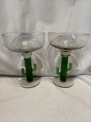Juego de vasos de margarita vintage mexicanos de vidrio soplado a mano con tallo de cactus 14 oz Foto 1 de 4