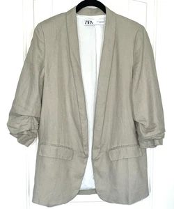 Zara Jacket Women's Medium Beige Blazer 100% Linen Open Front Scrunch Sleeve - Picture 1 of 18