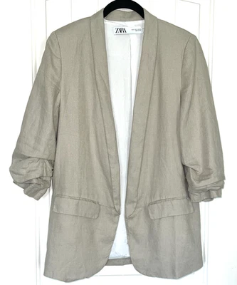 Chaqueta Blazer Zara Para Mujer Beige Mediano 100% Lino Frente Abierto Manga Cruzada Foto 1 de 4