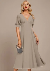 JJ’s House A-line V-Neck Tea-Length Chiffon Evening Dress Pleated Size 6 Taupe - Picture 1 of 6