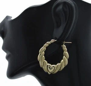 Real 10K Yellow Solid Gold 28.8mm Shrimp Heart Shiny Hoop Earrings 2.9 grams - Picture 1 of 5