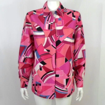 Camisa túnica de seda Easy Spirit rosa estampado geográfico para mujer S manga larga abotonada Foto 1 de 4