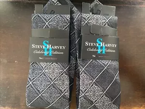 NEW 2X - STEVE HARVEY MEN’S NECK TIE with Pocket Square - Diamond Stripe Pattern - Picture 1 of 2