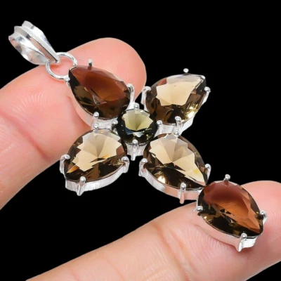 Smoky Topaz Gemstone Handmade 925 Sterling Silver Jewelry Cross Cut Pendant - Image 1 of 4
