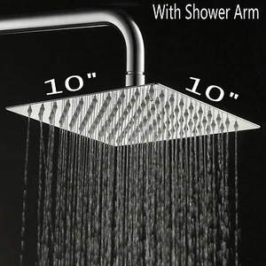 10 Inch Bathroom Top Shower Head Square Rainfall Stainless Steel With Shower Arm - Picture 1 of 8