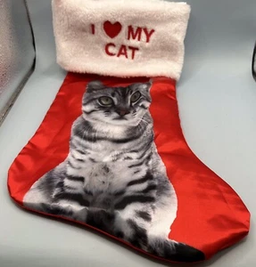 I Heart (Love) My Cat Christmas Stocking 17.5" Grey Tiger Cat - Picture 1 of 3