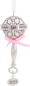 Baby'S First Christmas Silver Rattle with Pink Ribbon 2025 Christmas Ornament - Picture 1 of 11