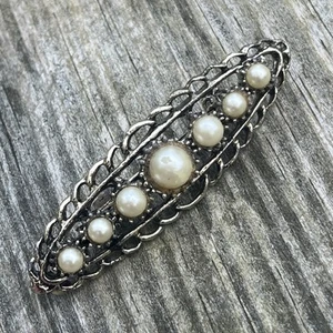 Vintage Graduated Faux Pearl Bar Brooch Pin Goldtone READ - Bild 1 von 3