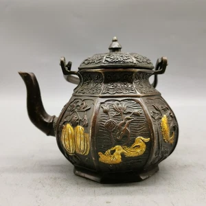 Copper pot, surplus year after year, mandarin ducks playing in the water - Picture 1 of 9