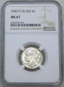 1942 P Jefferson Wartime Silver Nickel NGC MS67 White looks Full Steps PQ #K237B - Picture 1 of 5