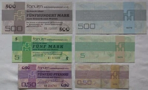 3 DDR Banknoten 0,50, 5 und 500 Mark Forum Scheck 1979 (160945) - Bild 1 von 1