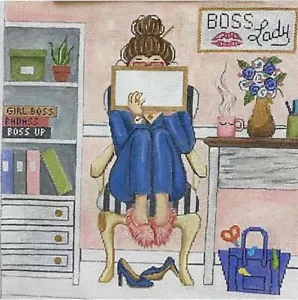Needlepoint Handpainted Gayla Elliot Girl Stitching Boss Lady 11x11 - Picture 1 of 1