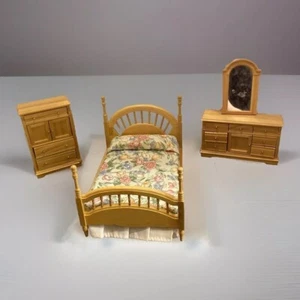 Dollhouse Miniature 4 Pc Bedroom Suite Spindle Bed Dresser Mirror Armoire Wood - Picture 1 of 19