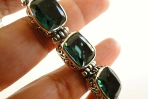 Green Quartz 3 Stone Ornate Balinese Sterling Silver Toggle Bracelet - Picture 1 of 5