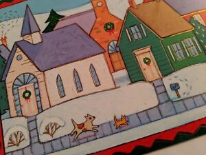 Christmas Greeting Card Snow Covered Town Dog Chasing Cat 