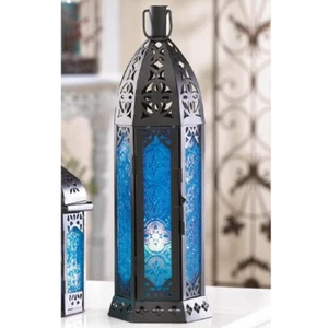 Tall Floret Blue Glass Candle Lantern Gift Black Ornate Iron Accent Piece 13" H - Picture 1 of 8