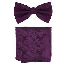 New formal Men's micro fiber pretied bow tie & hankie set paisley Plum prom 