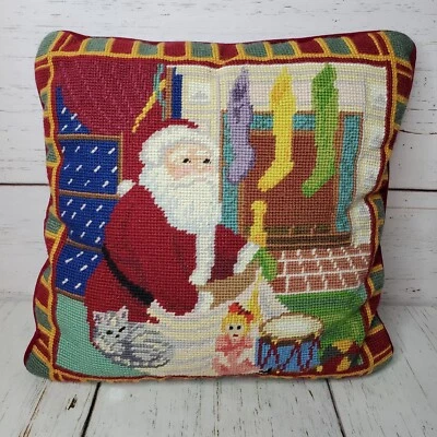 Needlepoint Pillow Traditional Santa Fireplace Christmas Velvet Zip Wool 13" - Image 1 of 4