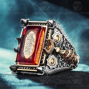 925 Sterling Silver Red Amber Turkish Islamic Handmade Men's Ring - Picture 1 of 4