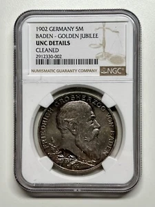 1902 Germany-Baden 5 Mark Silver Coin Golden Jubilee NGC UNC Dets-50000 Mintage - Picture 1 of 5