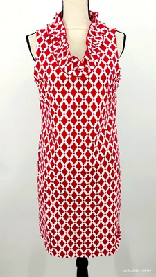 NEW Talbots Red Sleeveless Geometric Print Ruffle Trim Neckline Dress Size Mp - Image 1 of 4