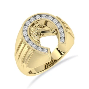 Anillo con forma de caballo de diamantes de corte redondo de 1/2 quilates de oro amarillo de 10 quilates, anillo para hombre - Imagen 1 de 6