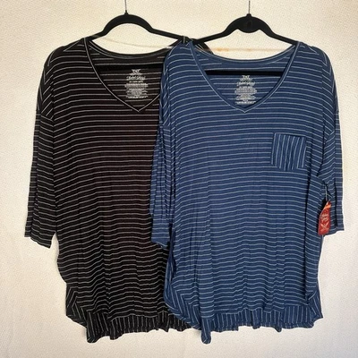 2 blusas top para mujer Faded Glory azul negro con rayas plateadas manga 3/4 talla 2X Foto 1 de 4